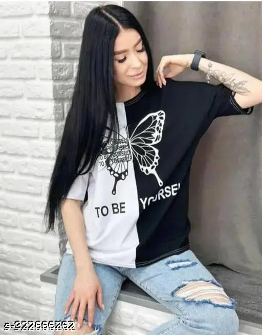 Black and White oversized cotton blend t-shirt for women, featuring butterfly print and drop shoulder design. Casual style with high stretch fabric, available in sizes S-XXL