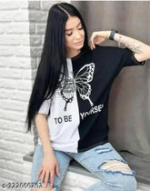 Black and White oversized cotton blend t-shirt for women, featuring butterfly print and drop shoulder design. Casual style with high stretch fabric, available in sizes S-XXL