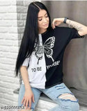 Black and White oversized cotton blend t-shirt for women, featuring butterfly print and drop shoulder design. Casual style with high stretch fabric, available in sizes S-XXL