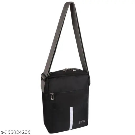 Black polyester sling bag, sleek & durable cross body bag with 2 compartments. Free size (9"L x 7"W x 3"H), made in India