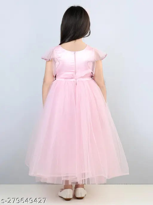 Pink net sequined floral girl's gown dress, embellished for parties on 1-2 year old bodies