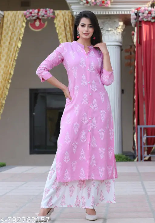 Rayon fabric printed kurti and palazzo set, vibrant pattern, three-quarter sleeves, sizes S-XXXL, Indian origin