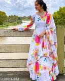 White georgette flower print Anarkali long sleeve gown with dupatta set, featuring dupion silk and poly georgette fabrics. Traditional Indian ethnic wear for women, available in sizes S-XXL. Made in India