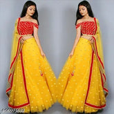 Yellow satin and net semi-stitched lehenga with heavy embroidery blouse and matching lace dupatta