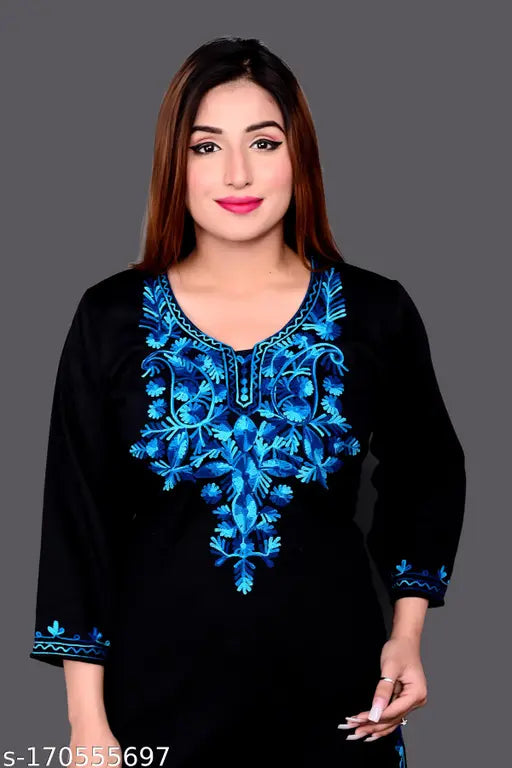 Woolen women's straight embroidered kurti, three-quarter sleeves, solid color, ideal for winter parties, made in India
