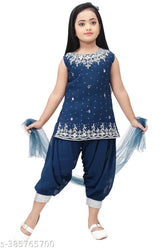 Embellished georgette kurta set for kids party wear, Patiala style, suitable for 7-8 years
