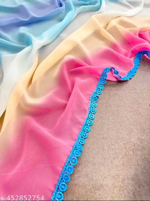 Georgette embroidered net gradients dress with long sleeves, pastel ombré effect, matching dupatta, and silver embellished high heels. Indian bridal wear without bottom-wear on display
