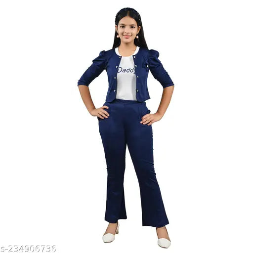 Cotton blend navy blue girls' dress set: 8-9 years printed t-shirt, 3/4 sleeves jacket, full length pant