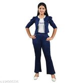 Cotton blend navy blue girls' dress set: 8-9 years printed t-shirt, 3/4 sleeves jacket, full length pant