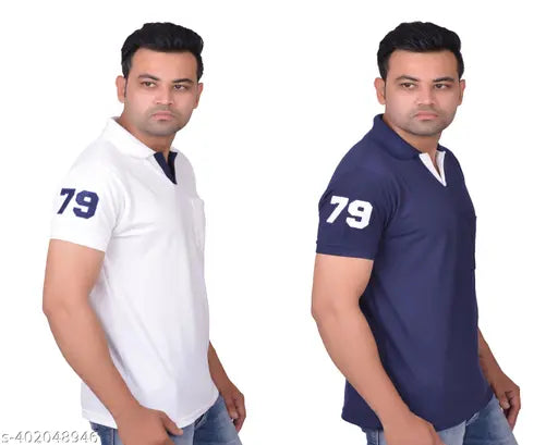 Cotton blend men's polo neck T-shirts with pocket (2 pack) in M, XXL, XXXL - La Milano classic style