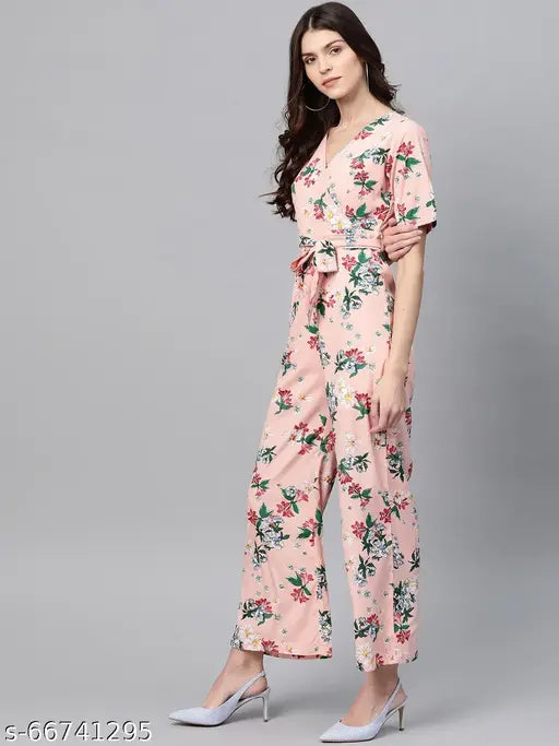 Pastel floral printed women's jumpsuit by Zima Leto, polyester, short sleeves, zipper closure, India