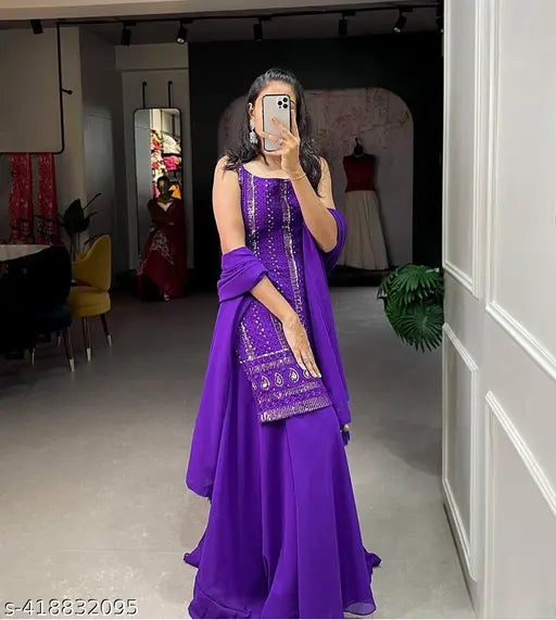 Purple georgette kurta set with dupatta and palazzo bottomwear, embroidered for festive occasions #Fashionista #StyleGoals #EthnicSet #TrendyOutfits #KurtaLovers