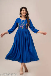 Denube blue rayon Anarkali Kurta with floral embroidery, three-quarter sleeves - Indian ethnic wear