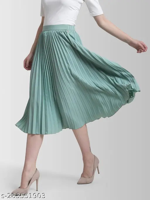 All-light-green crepe midi skirt, solid pattern for women's fashion in various sizes (28-38 in), India origin