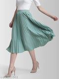 All-light-green crepe midi skirt, solid pattern for women's fashion in various sizes (28-38 in), India origin