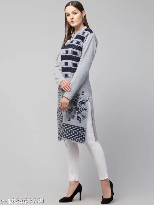 Grey woolen kurti with long sleeves and printed pattern, ideal for women's winter wardrobe. Made in India