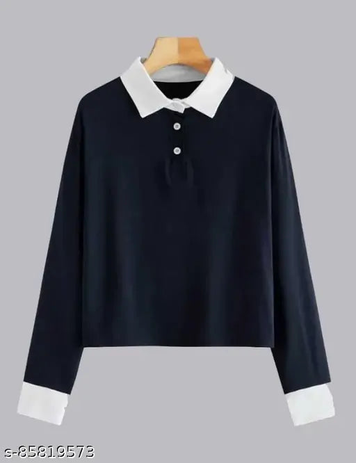 Long-sleeved cotton solid polo t-shirt for women, made in India