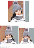 Grey winter woolen beanie cap set with scarf for women & girls - soft & snow-proof ball cap inside fur, self-design