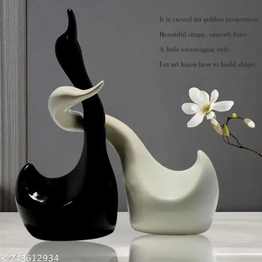 Black & white ceramic hugging swan sculptures for modern office decor, 11cm x 24cm x 8cm each, romantic love set