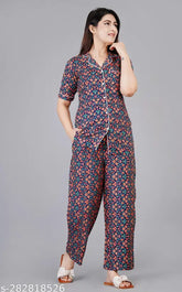 Multicolor rayon women's floral print night suit with three-quarter sleeves, India-made loungewear set on display