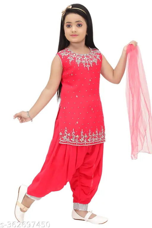 Red Georgette Patiala Salwar Kurti Set for Girls - Embellished ethnic wear with mirror and stone work, suitable for parties