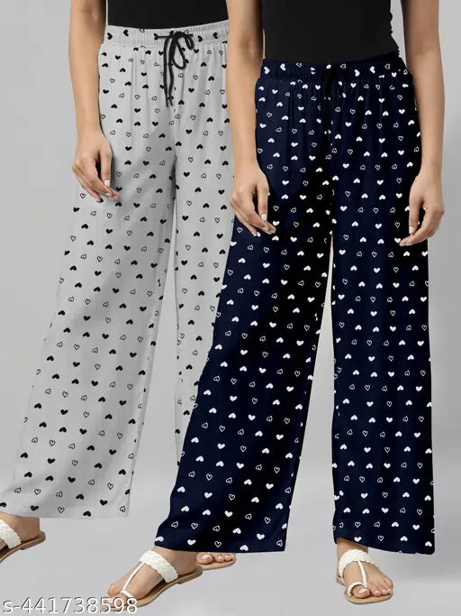 Grey/Navy Blue Women's Cotton Pyjama Set - 2 Piece Pack, Heart-printed for stylish comfort
