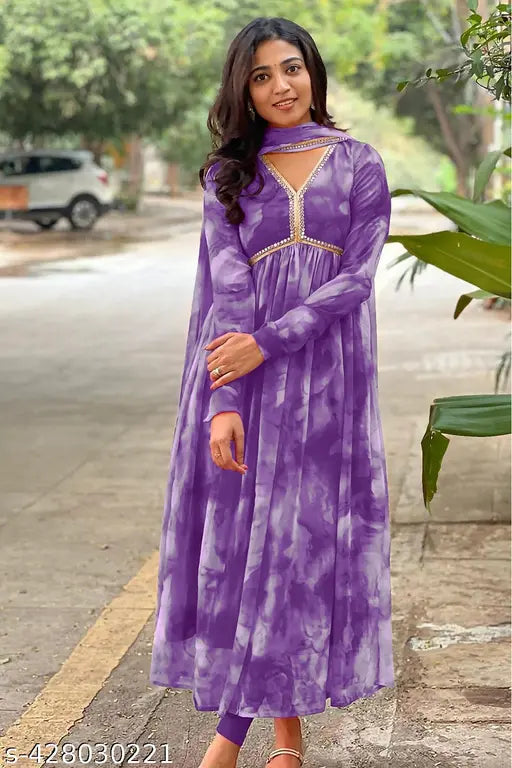 Georgette digital floral printed long gown dress in serene blue tones, effortless elegance for casual chic events