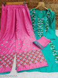 Rayon Anarkali floral printed kurta pant set with dupatta, embroidered three-quarter sleeve solid kurtis for women, India origin