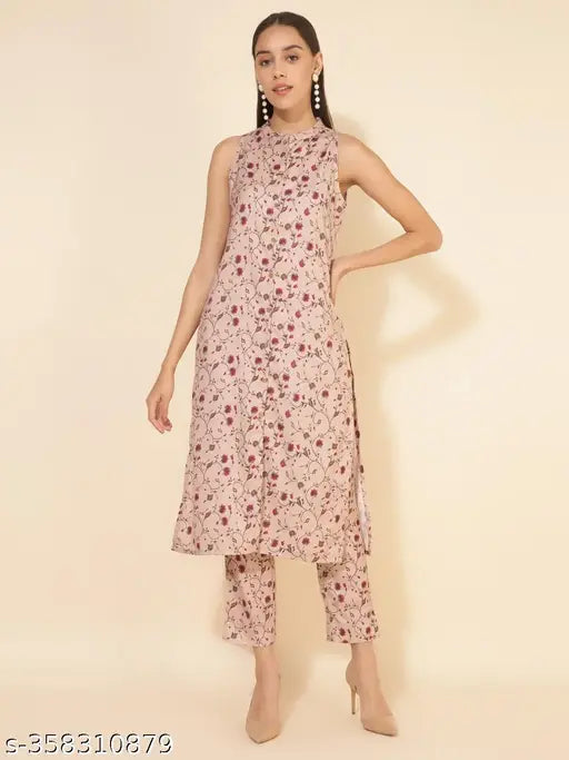 Beige moss digital floral printed coord set, sleeveless polyester kurta with pants, Indian women's fashion