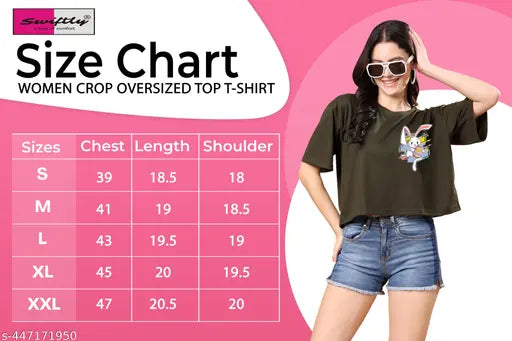 Oversized cotton rabbit print crop top for women/girls, half sleeve design - S, M, L, XL, XXL