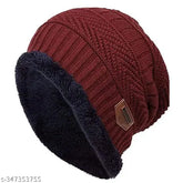 Woolen unisex winter beanie cap & scarf, red self-design knit - premium quality, Indian origin