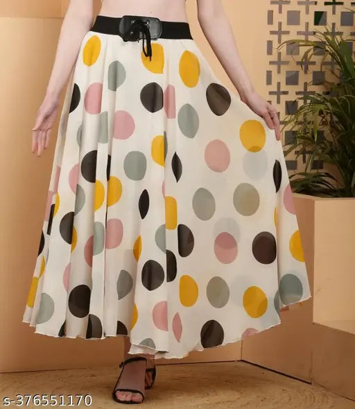 White georgette long skirt with big dot print, size 30 (waist 30", length 40")