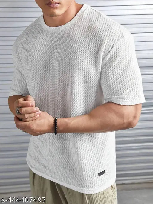 White cotton blend oversized round neck waffle knit t-shirt, suitable for boys and men's casual wear. Patched crewneck design, machine washable. Made in India