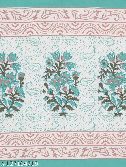 Turquoise 100% cotton Jaipuri traditional double bedsheet with 2 pillow covers - Summer-ready floral pattern bedding, Indian origin