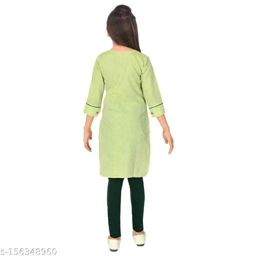 Chanderi cotton blend embroidered kurti set with leggings, A-line style, printed pattern. Sizes range from 4-5 years to 15-16 years. Made in India