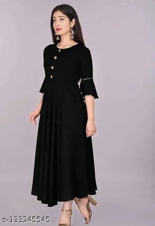 Black Rayon Anarkali Kurta, elegant design, three-quarter sleeves, Indian ethnic prints, women's casual wear