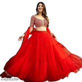 Embroidered satin and net Myra Drishya women's lehenga set, free size with semi-stitched 42" waist and 40" length
