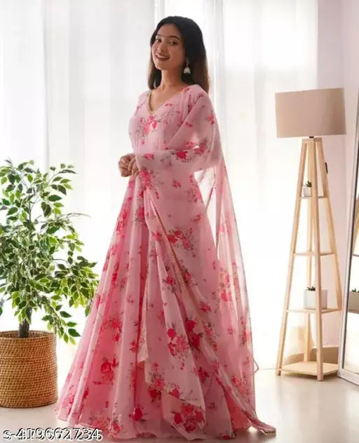 Flower print Georgette kurti with dupatta, long sleeves, no bottomwear, India-made
