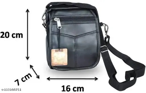 Stylish leather sling cross-body travel bag (black) - one main compartment, 2 zipper pockets, adjustable shoulder strap, perfect for men & women