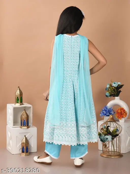 Skyblue embroidery Anarkali gown dress, premium quality cotton, three-quarter sleeves, vibrant for kids parties or festivals. Made in India, sizes 2-14 years