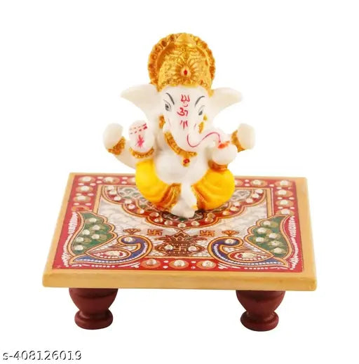 Multicolor marble Ganesh ji idol with chowki, ideal for home decor, pooja room, and gifts. Traditional Indian home decor showpiece on a 4x4 square base