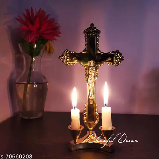 Brass Lord Jesus Christ Cross Idol with 2 candle stand, detailed design, perfect for Christmas or religious decor