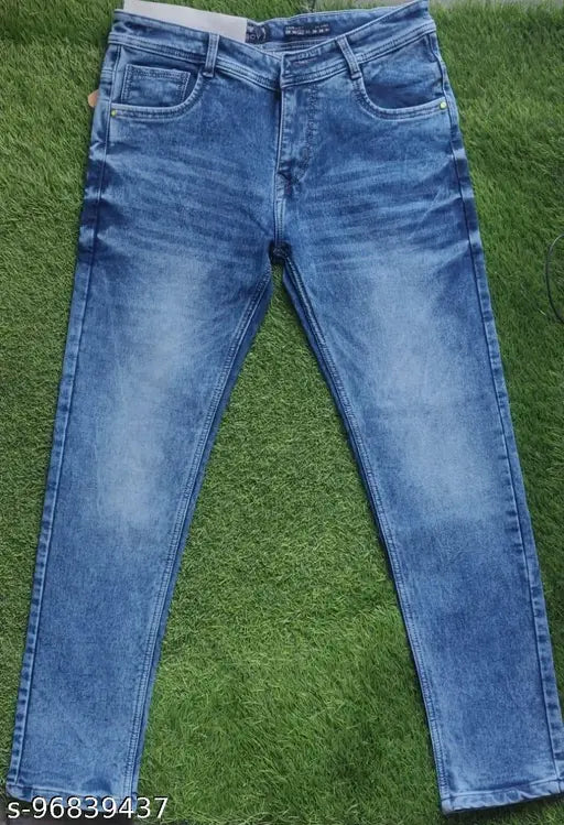 Navy blue denim slim fit jeans by AB COTTON - men's regular fit cotton denims (32 waist x 40 length), India origin