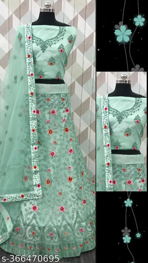 Sky blue embroidered net Lehenga Choli with 2.5m dupatta, semi-stitched blouse - Indian wedding wear for festivities and celebrations