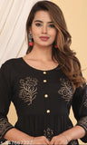 Black rayon three-quarter sleeve printed kurta anarkali for women, size M (bust 38in), from India