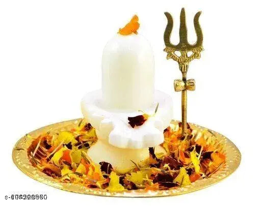 White Marble Shiva Lingam set with brass pooja plate, stand, abhishek lota, kalash tripai, and trishul - Indian decorative puja thali (14x14x14 cm)