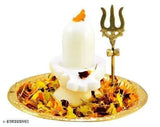 White Marble Shiva Lingam set with brass pooja plate, stand, abhishek lota, kalash tripai, and trishul - Indian decorative puja thali (14x14x14 cm)