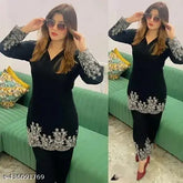 Summer Special Rayon Embroidered Co-ord set for women and girls, rayon fabric top and bottom with long sleeves, black velvet cord set, fashion accessories for summer