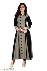 Cement Black Madhuram Woman Solid Cotton Rayon Blend Flared Kurta - A-line, long sleeves, colorblocked design, versatile for all occasions, Indian origin
