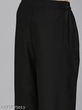 Women's black cotton blend kurti set with dupatta and bottomwear, solid pattern on display